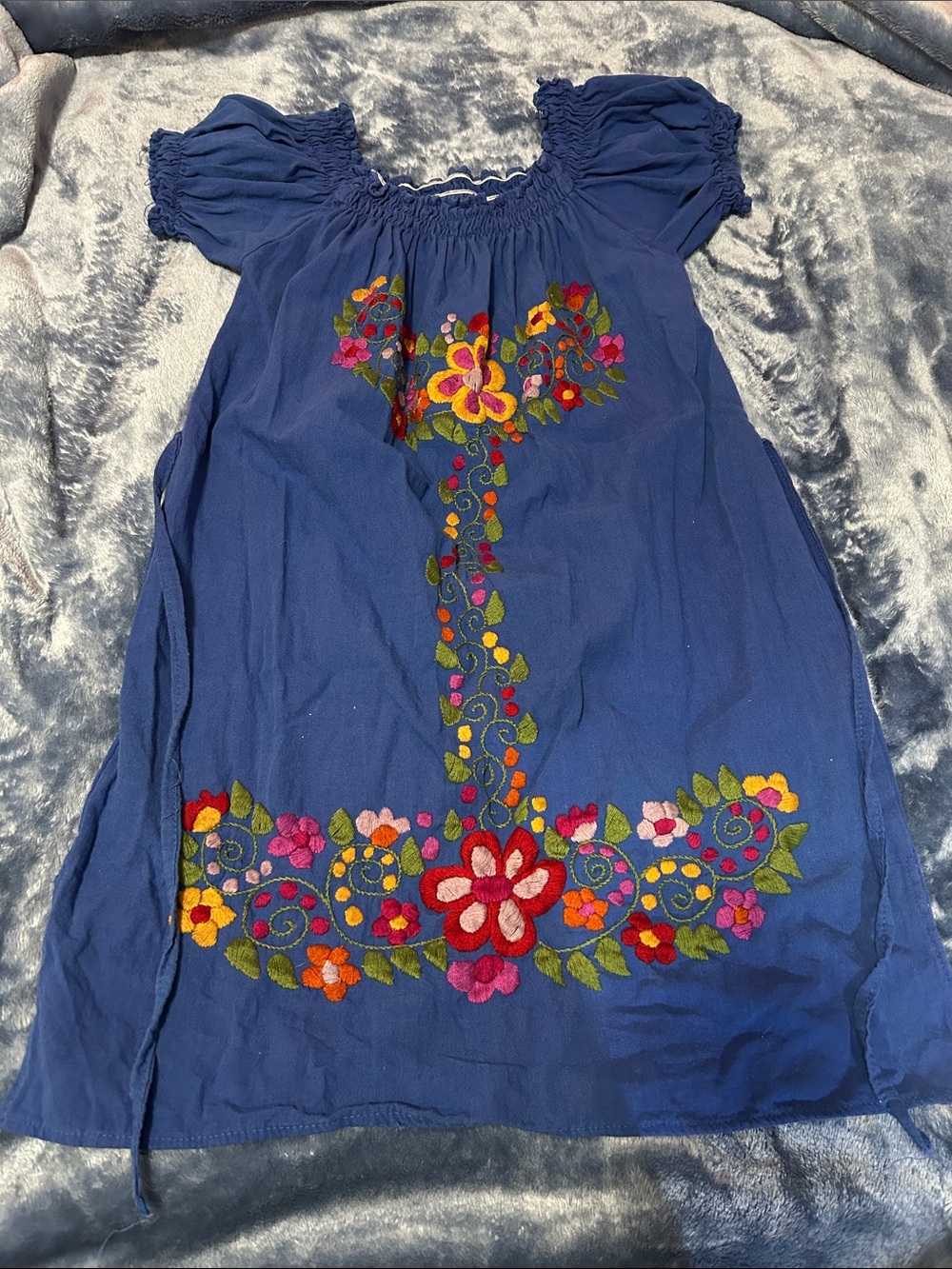 Mexican Navy Blue Embroidered Floral Dress